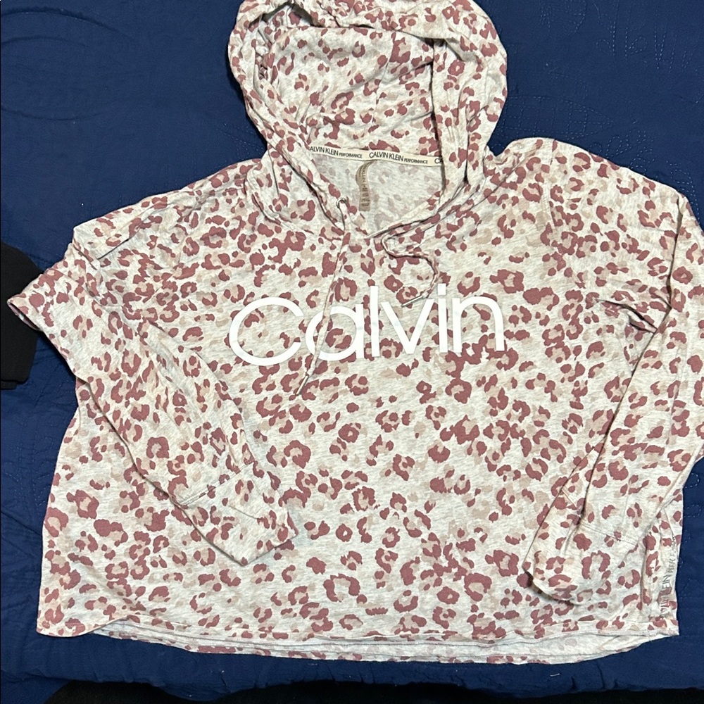 Calvin Klein Performance Pink Leopard Print Logo Hoodie Top XL Lightweight Chic